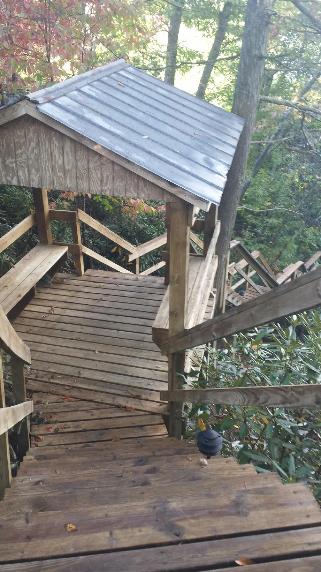 Metal roofed shelter over wooden steps on a wooded walkway — Skylight Repair & Installation work by our crew in Trail